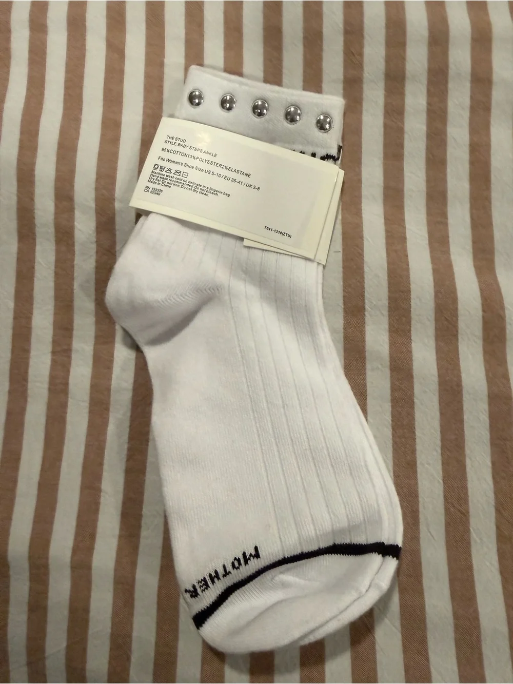 MOTHER White Ankle Socks with Silver Studs and Black Stripe